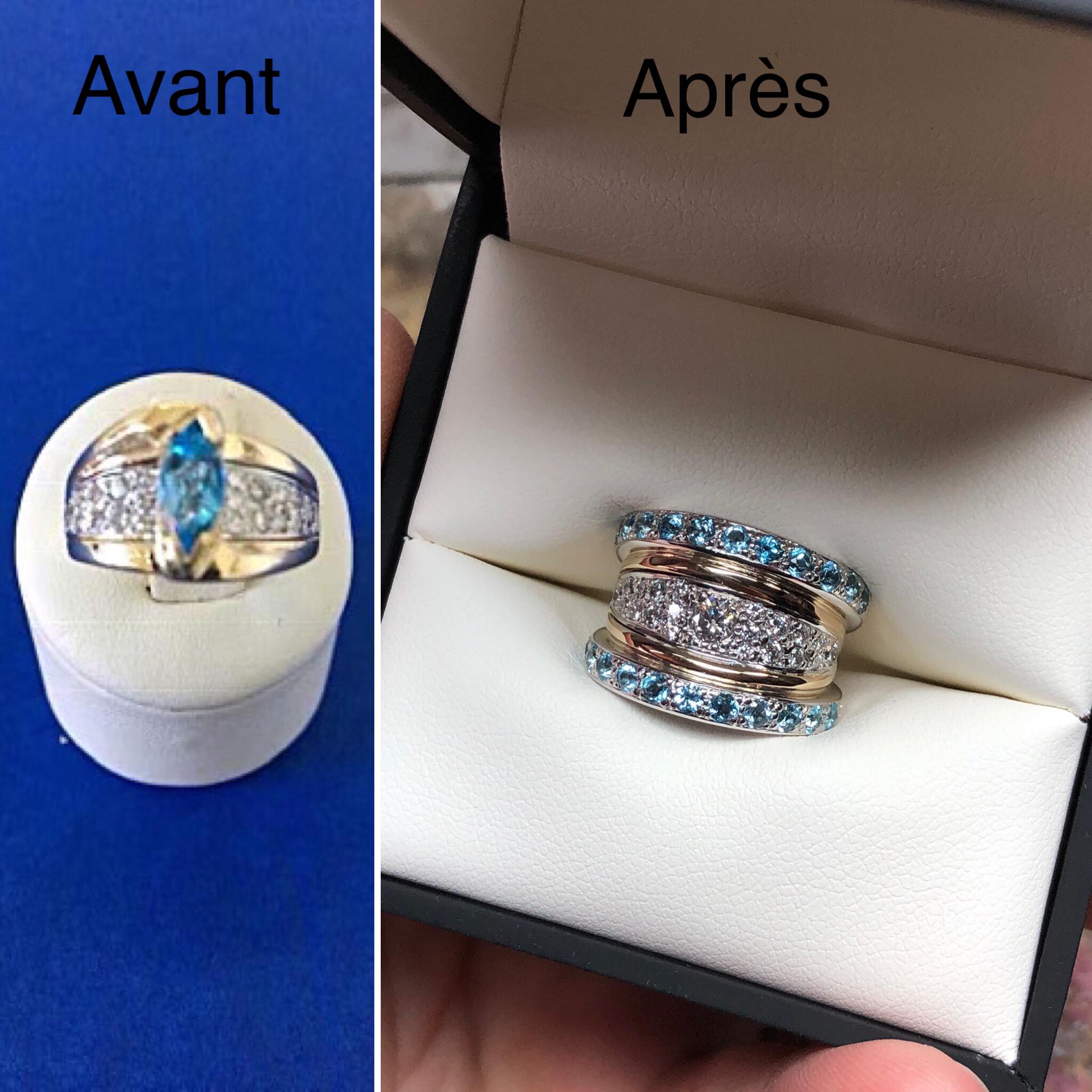 Caroline Savoie Joaillerie Bague Sur Mesure Avant Apres Bijoux Montreal Quebec Diamants Topazes Bleues Custom Made Ring Transformation Souvenirs